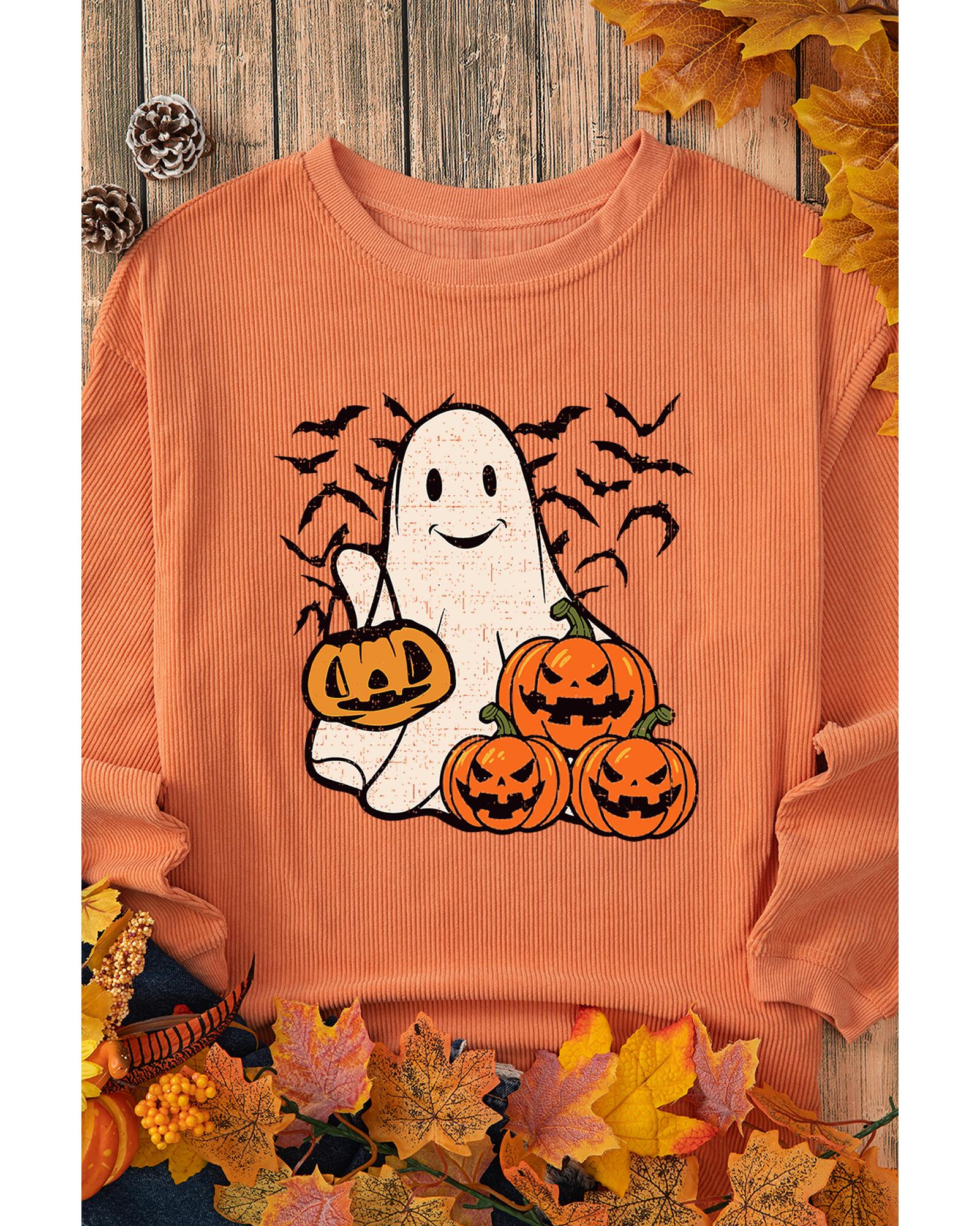 Orange Halloween Ghost Pumpkin Bat Print Corded Pullover Sweatshirt - M