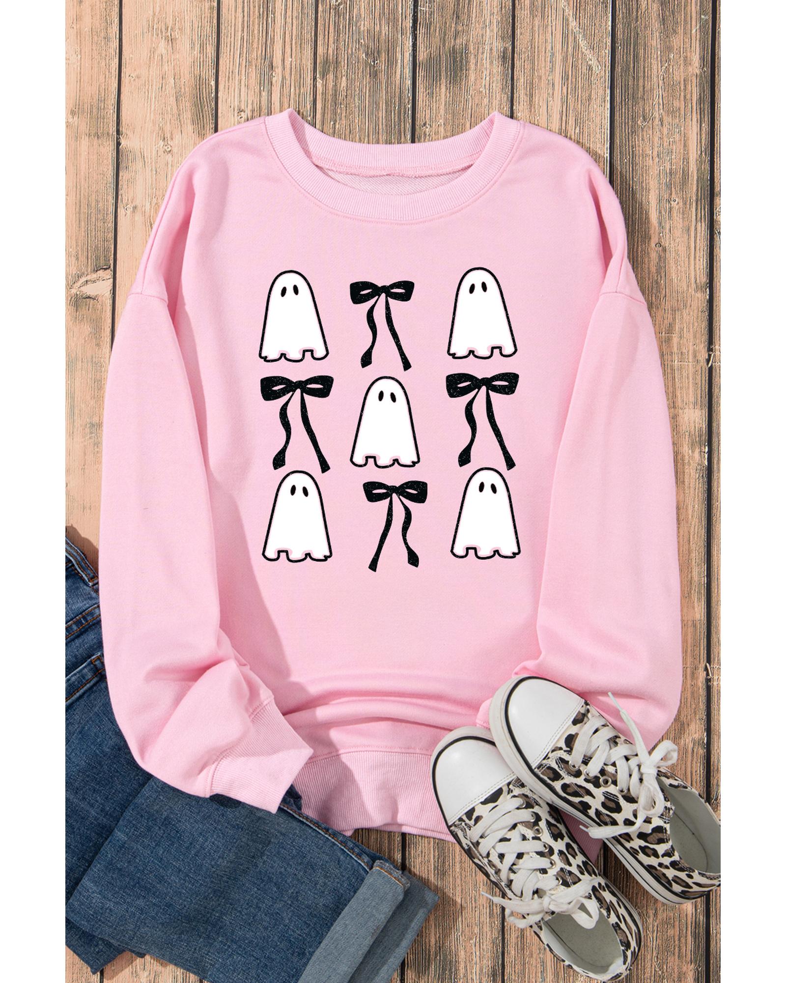 Pink Ghost Bowknot Printed Drop Shoulder Halloween Sweatshirt - L