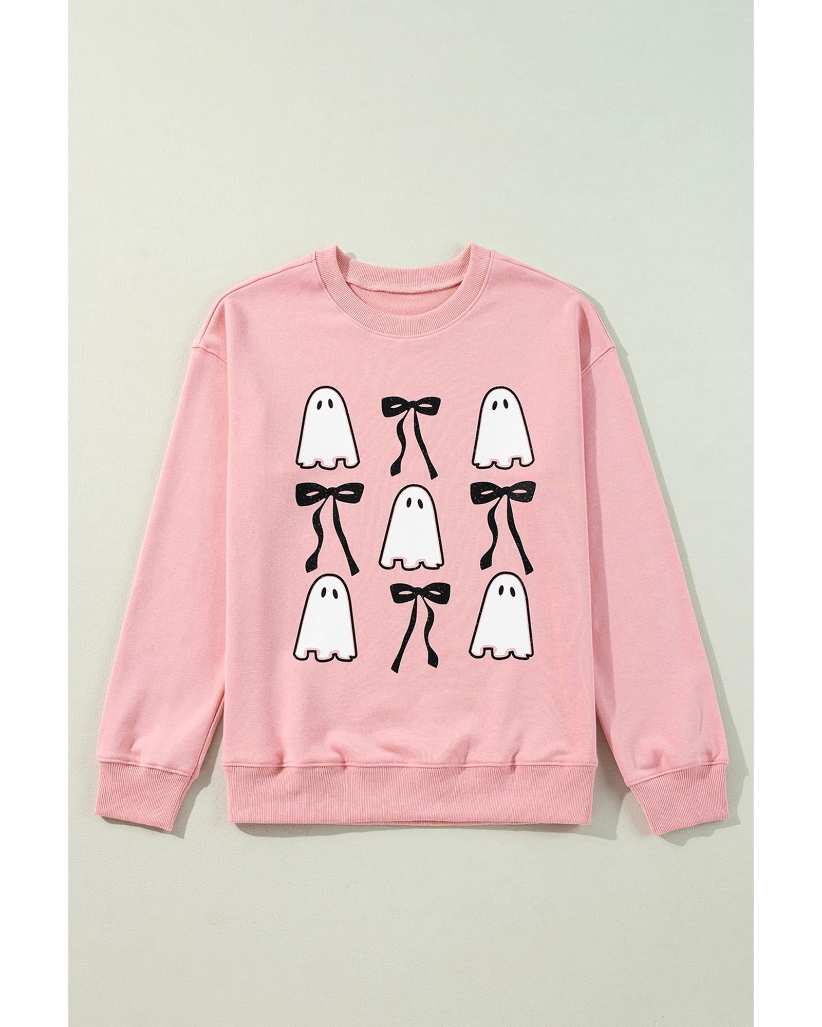 Pink Ghost Bowknot Printed Drop Shoulder Halloween Sweatshirt - XL