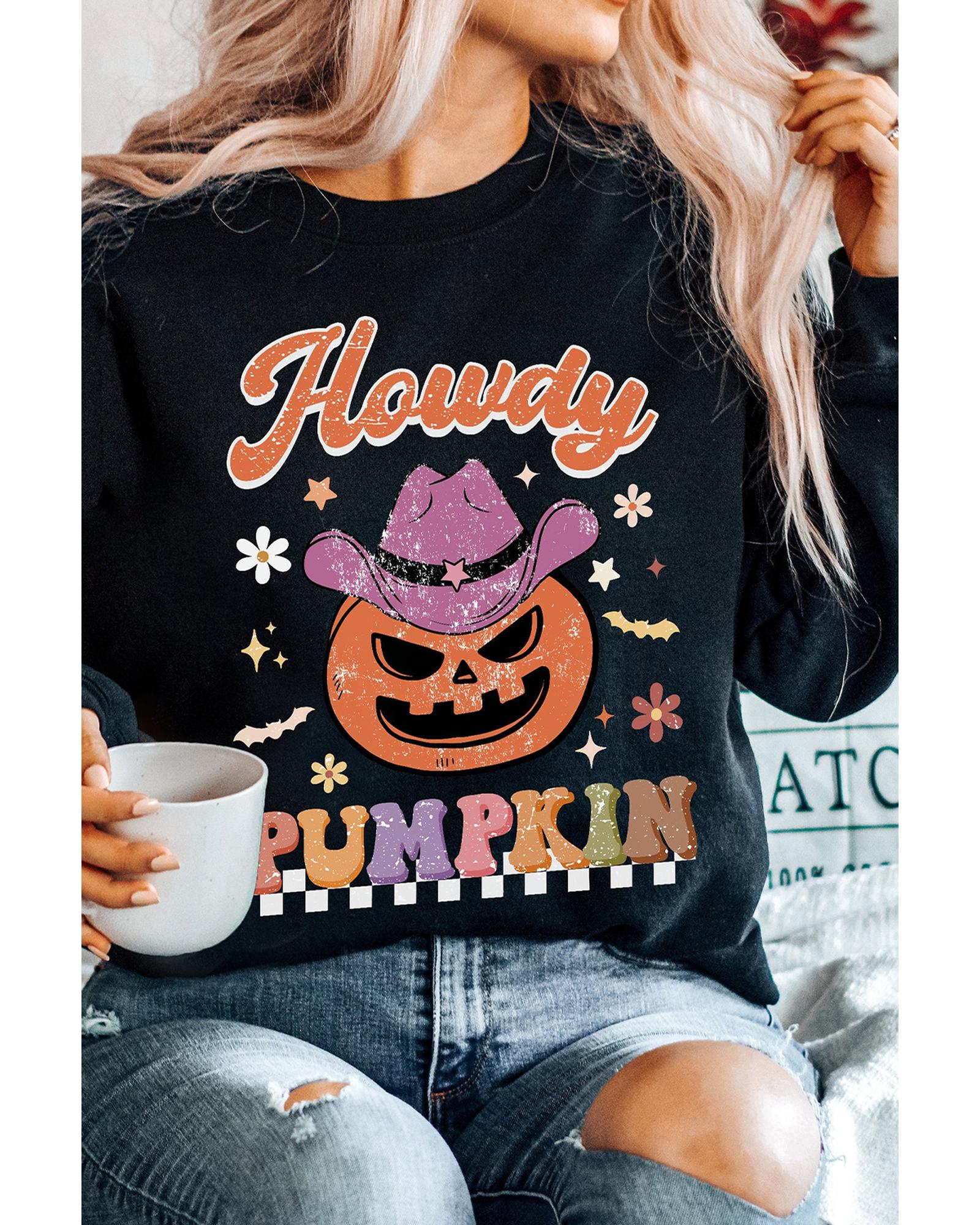 Black Halloween Howdy PUMPKIN Print Crew Neck Pullover Sweatshirt - XL