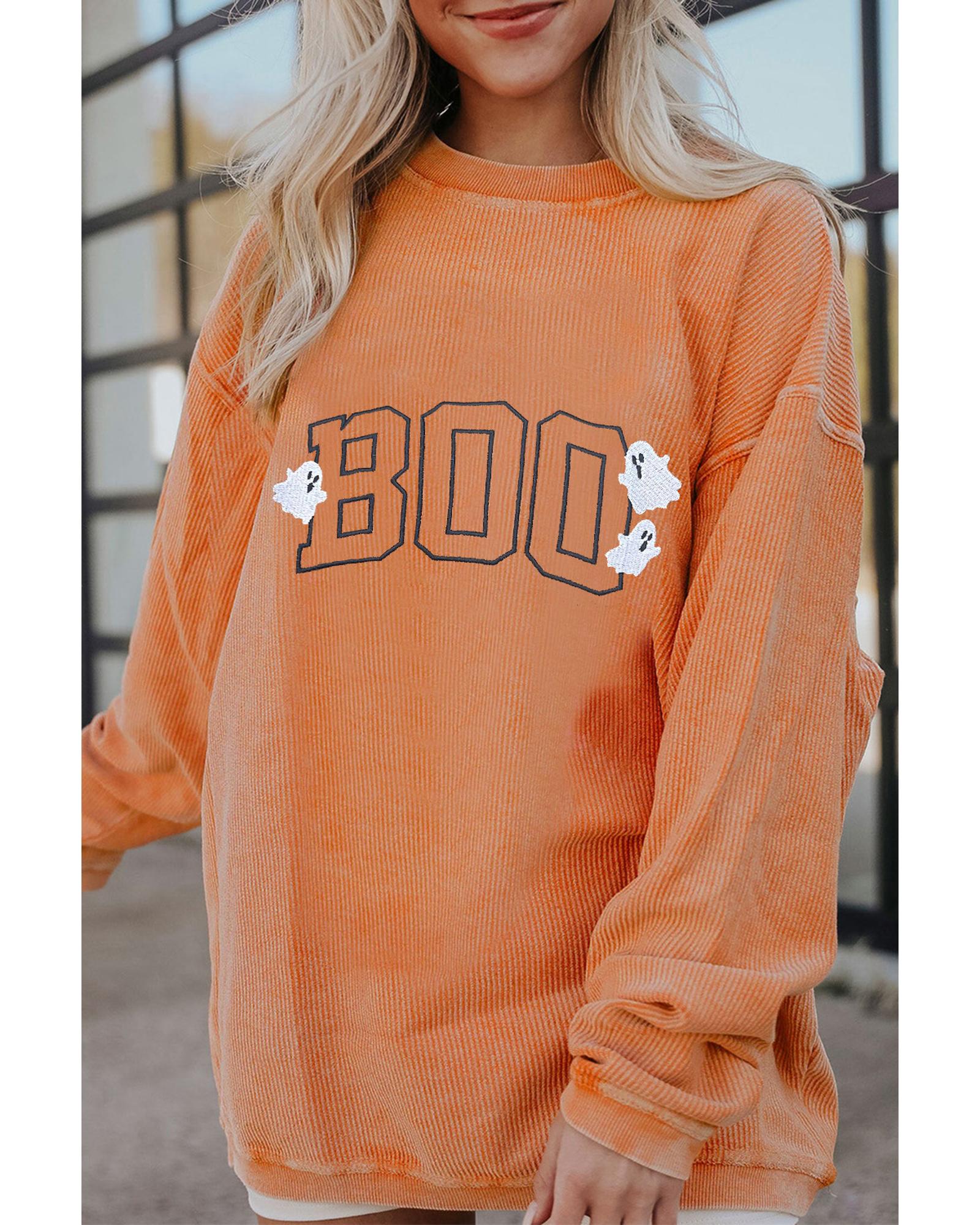 Orange Embroidered BOO Ghost Corded Halloween Sweatshirt - S