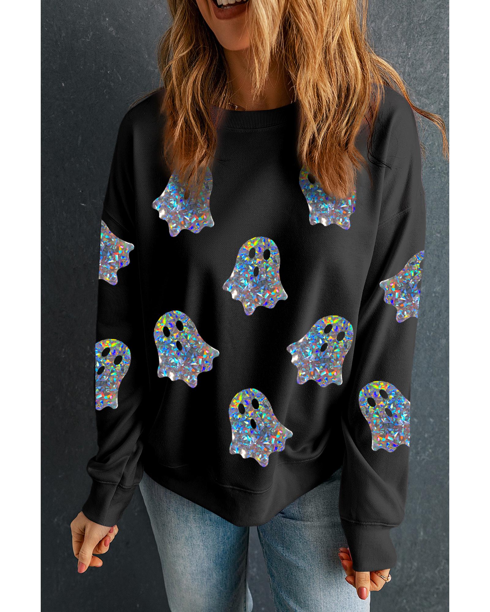 Black Glitter Ghosts Pattern Long Sleeve Halloween Sweatshirt - XL