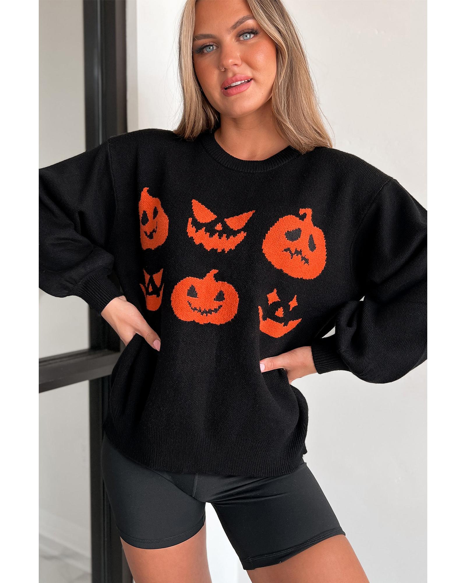 Black Halloween Pumpkin Face Pattern Drop Shoulder Sweater - L