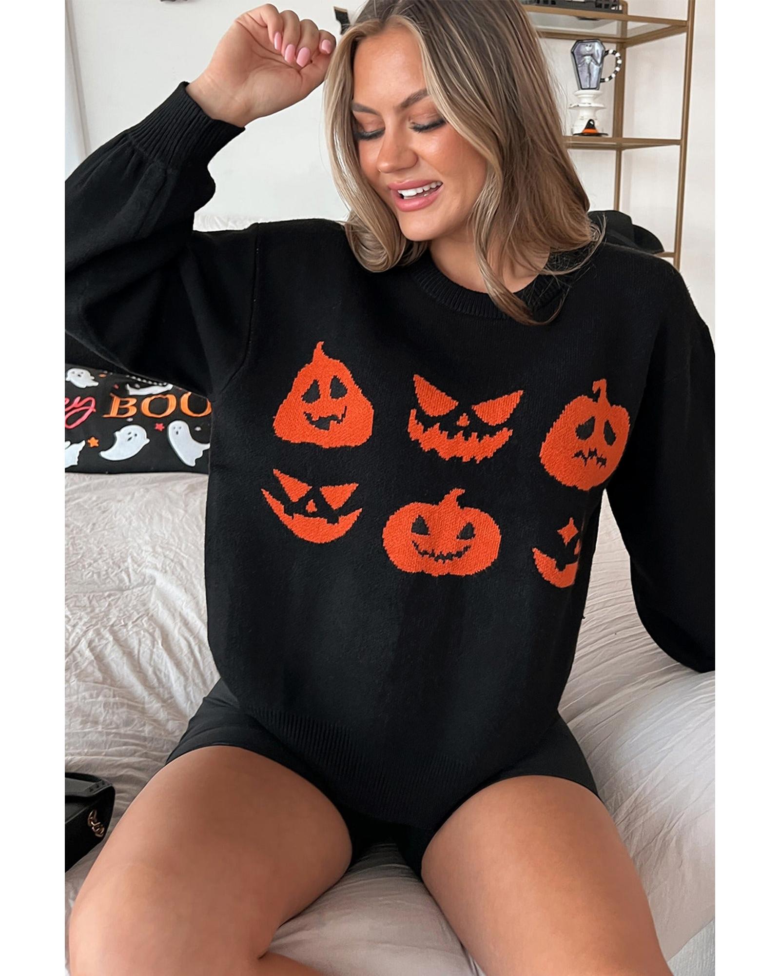 Black Halloween Pumpkin Face Pattern Drop Shoulder Sweater - S