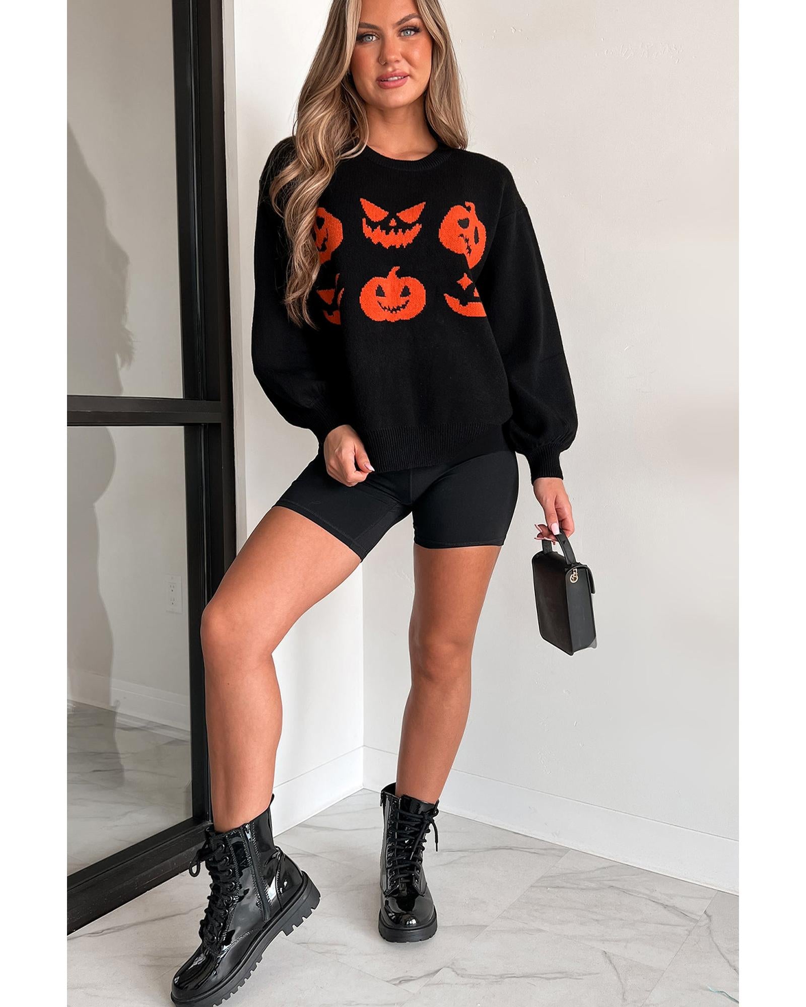 Black Halloween Pumpkin Face Pattern Drop Shoulder Sweater - XL
