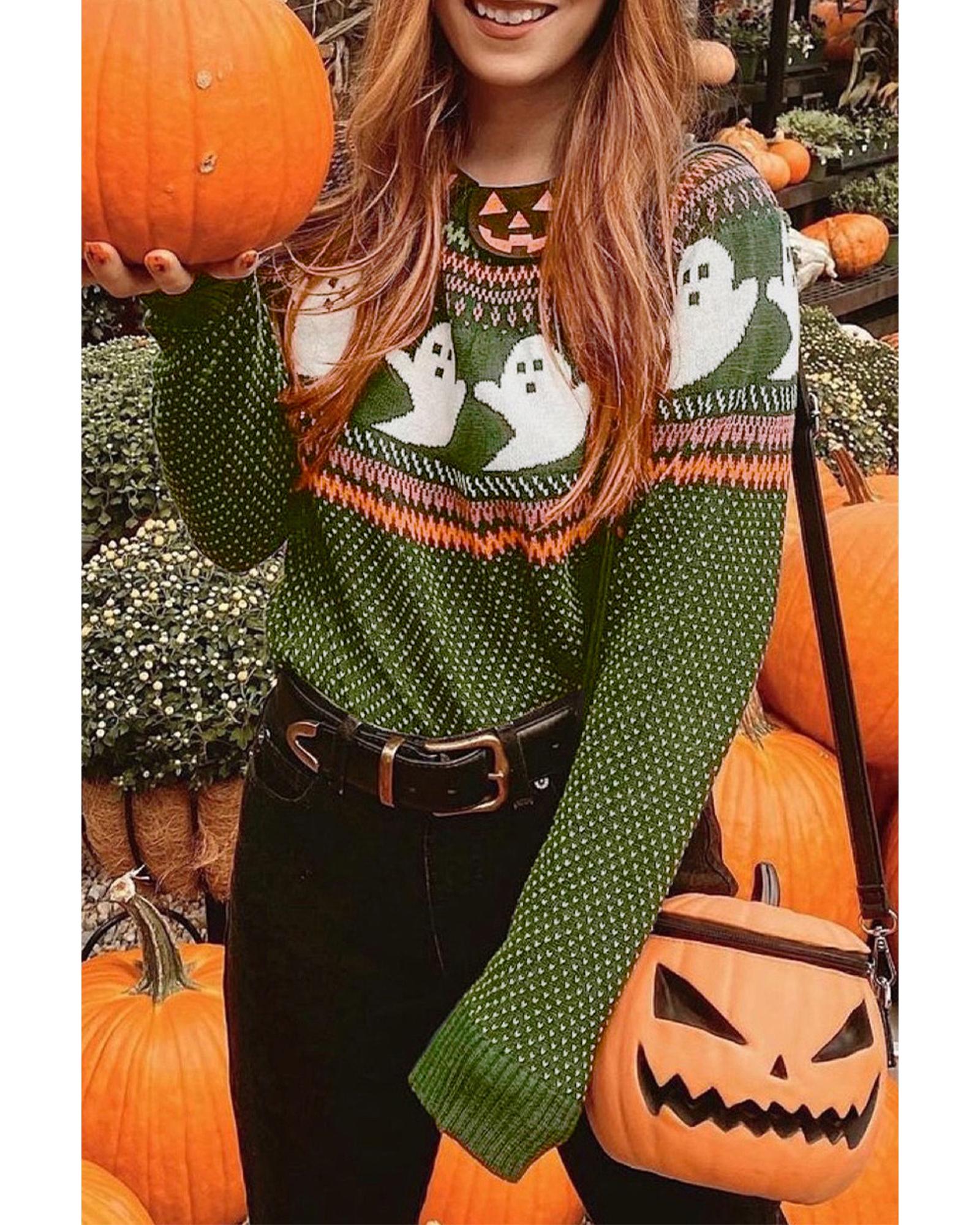 Jungle Green Halloween Ghost Pattern Drop Shoulder Sweater - L