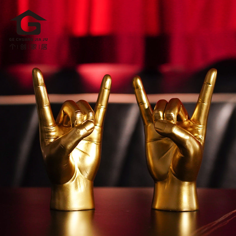 Gold Right Hand Resin Rock and Roll Hand Figurine - Stylish Desk and Living Room Decor