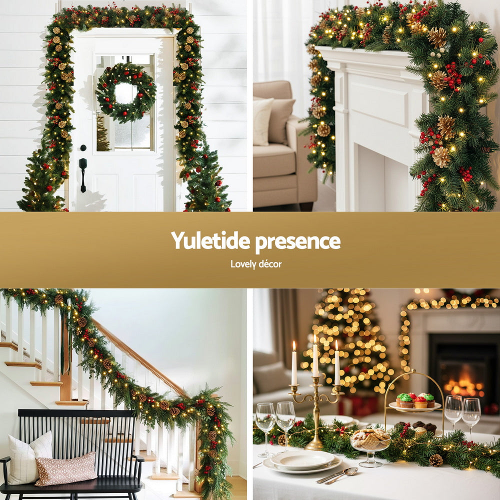 Jingle Jollys 1.8M Christmas Garland Pre-lit LED Pine Cones Berries Xmas Decor