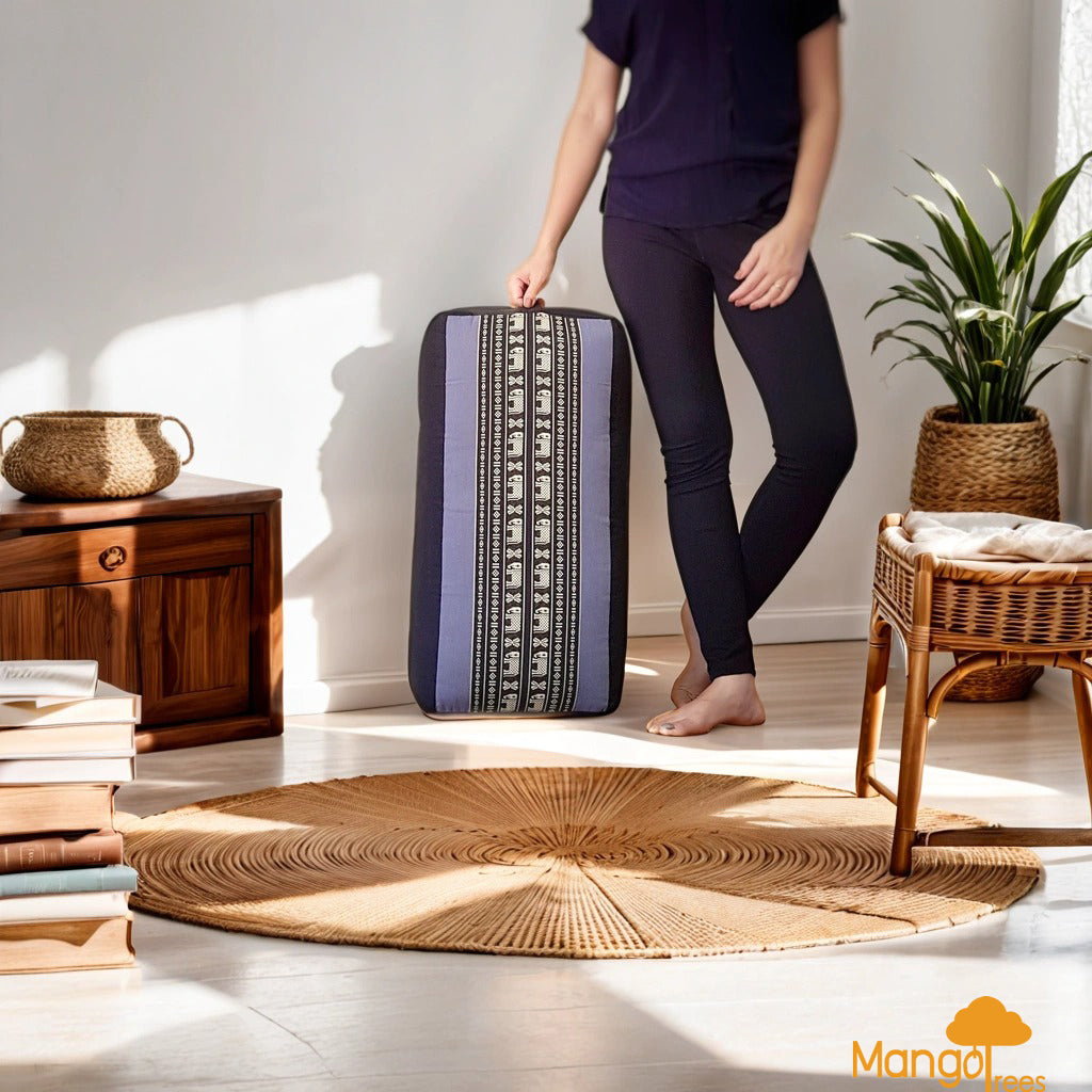 Oblong Meditation Cushion/ Yoga Bolster Prop Kapok Filled BlueEle