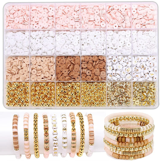 Golden & Diamond Beads Pink White Clay Beads Kit For DIY jwellery Making Clay Beads Bracelet Kit TheliCraft