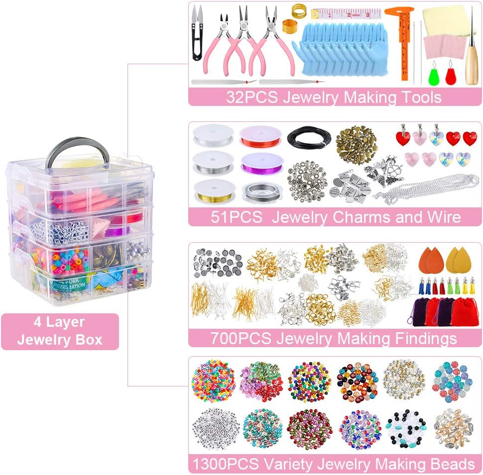 4-layer 2880Pcs Beads Charms Findings Beading Wire Kit For DIY Bracelets Necklace Earrings Deluxe Jewelry Making Supplies Kit TheliCraft