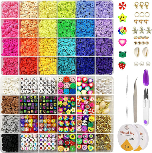 TheliCraft 7860pcs 28 Colors Jewellery making kit for kids 6mm Flat Round Clay Alphabet Beads