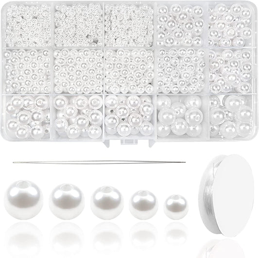 15 Grid 1400Pcs 3mm 4mm 6mm 8mm 10mm 12mm 14mm Pearl for Bracelet Making Kit ABS White Pearls for DIY Jewelry Necklace TheliCraft