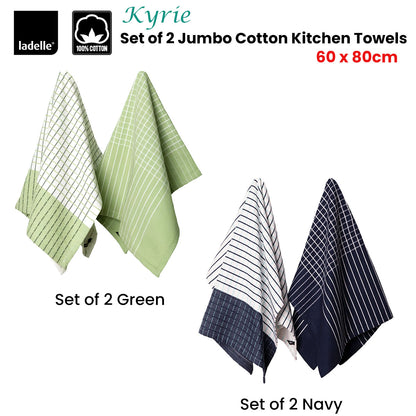 Ladelle Kyrie Cotton Set of 2 Jumbo Kitchen Towels 60 x 80 cm Green - MrCraftr