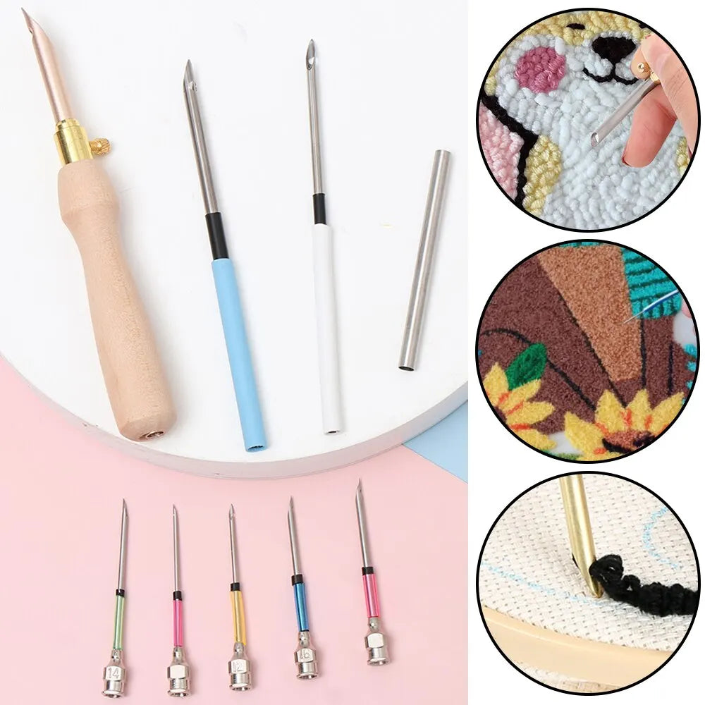 11Pcs PUNCH NEEDLE Set Embroidery Kits Wooden Yarn Embroidery Pen Crochet Knitting DIY Craft Stitching Sewing Tools