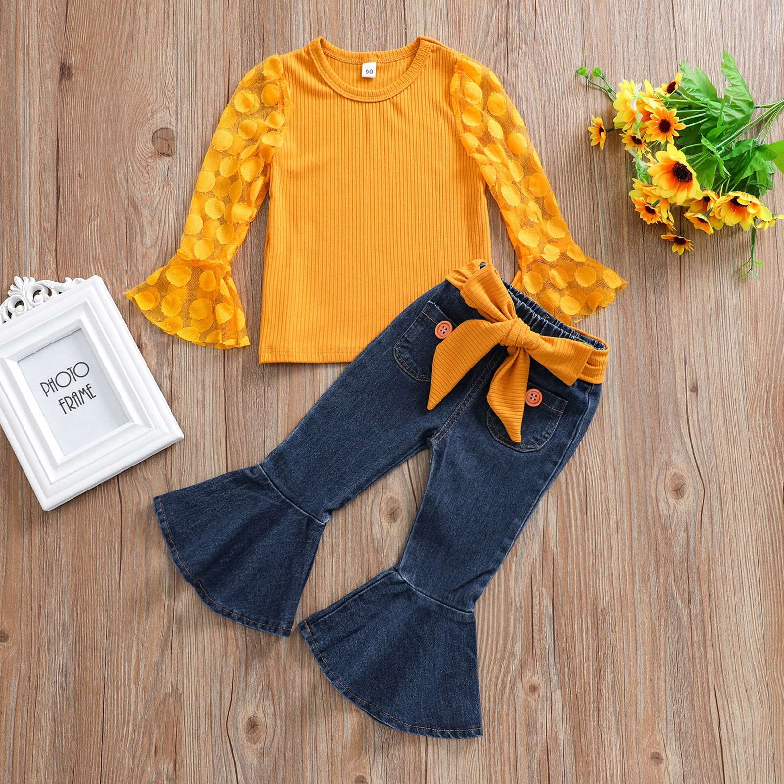 Girl Clothes Set Long Sleeve Crops Tops Lace Shirt Flare Pants / Girls Summer clothes/Girls Casual set