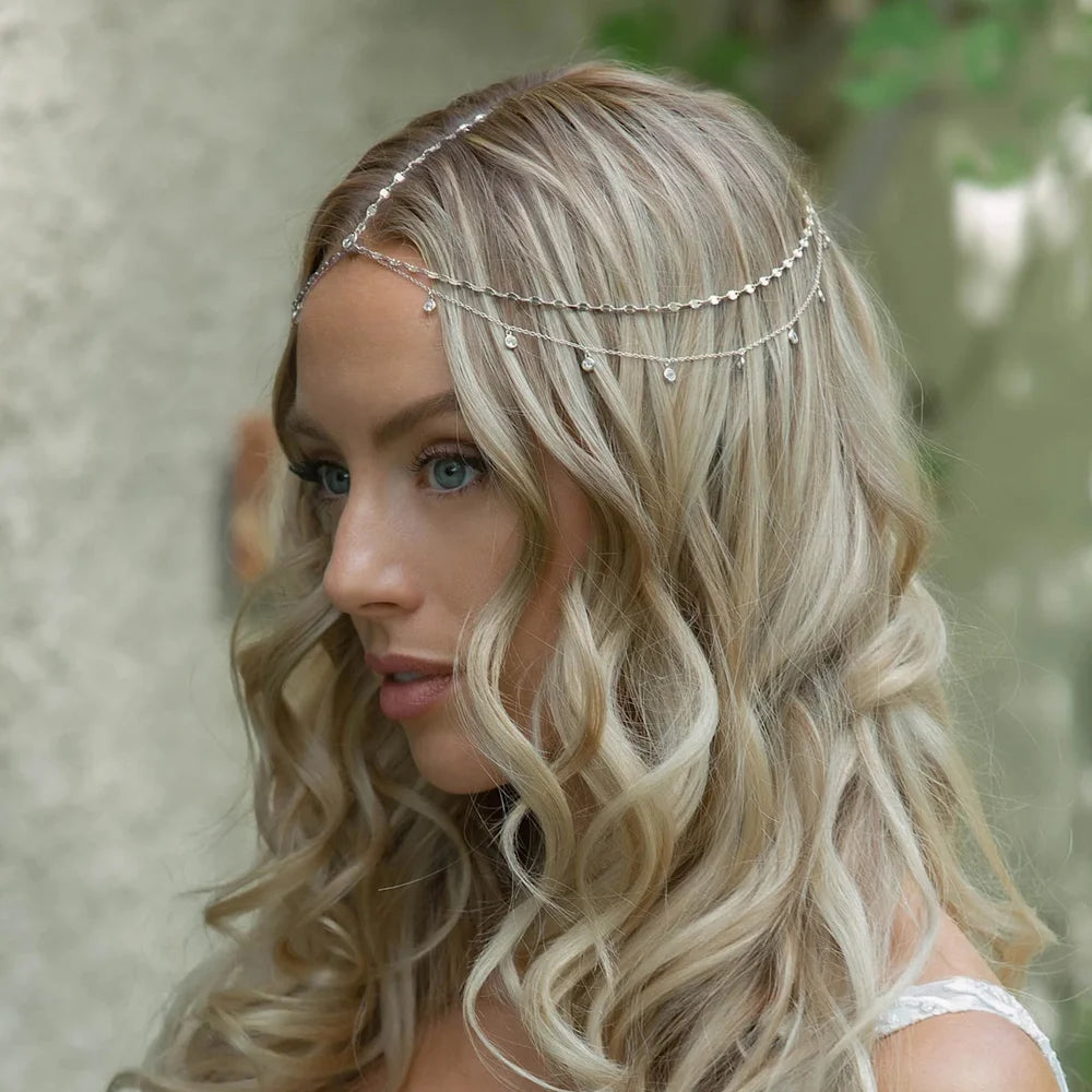 Boho Bridal Head Chain Cubic Leaf Forehead Headband Chain Hair Jewellery for Women Headpiece Bridal Wedding Head Chain