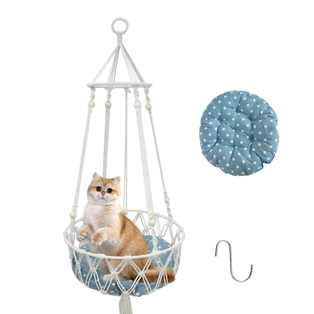 PETSWOL Macrame Cat Hammock - Handwoven Boho Cat Swing For Indoor/Outdoor