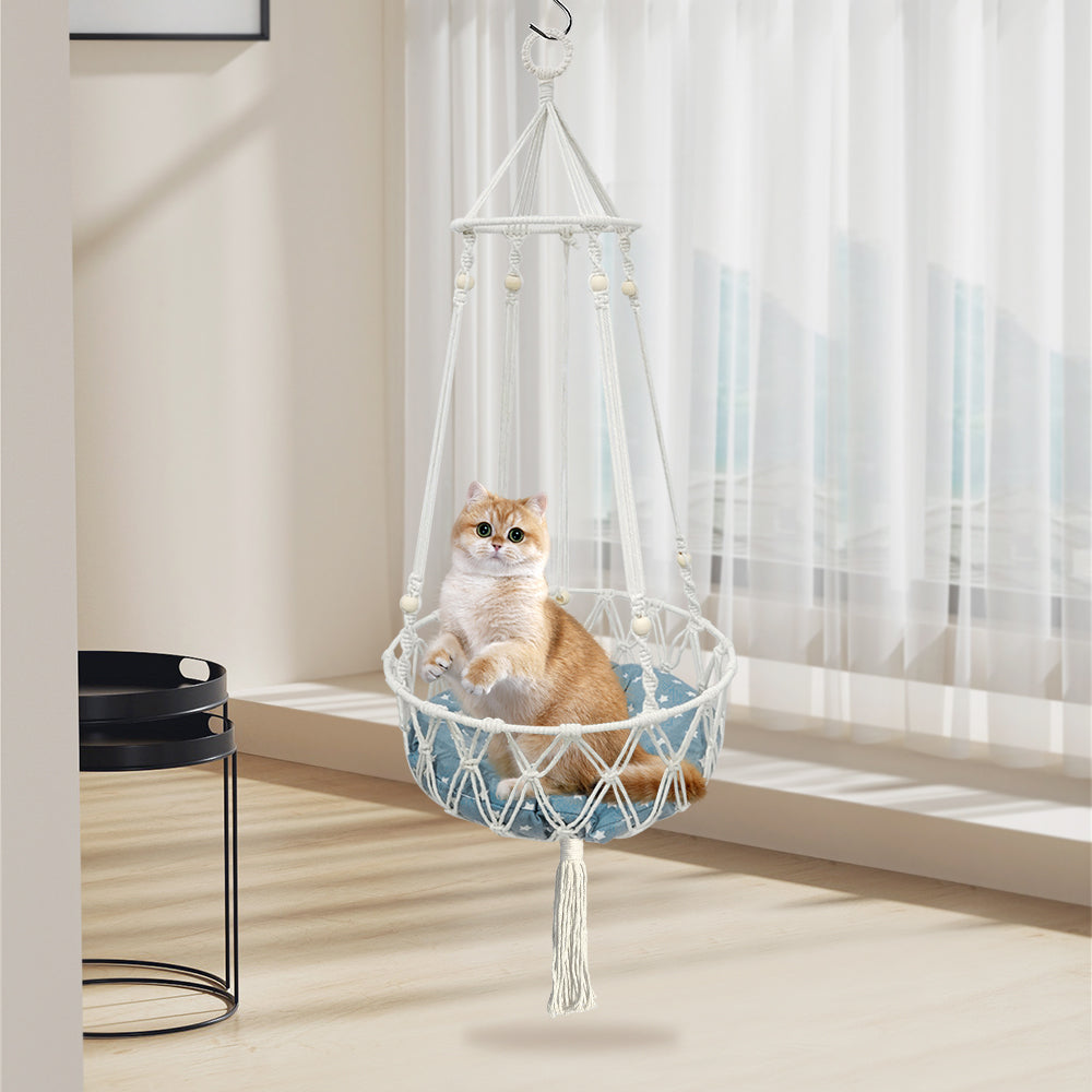 PETSWOL Macrame Cat Hammock - Handwoven Boho Cat Swing For Indoor/Outdoor