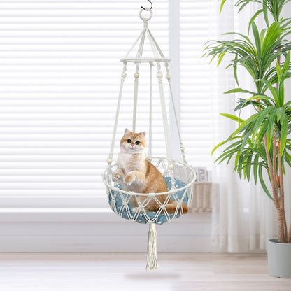 PETSWOL Macrame Cat Hammock - Handwoven Boho Cat Swing For Indoor/Outdoor