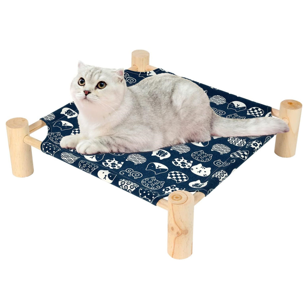 PETSWOL Elevated Cat Hammock Bed - Breathable Linen Fabric, Natural Wooden Frame