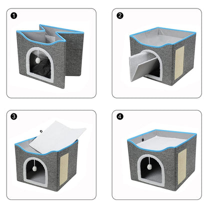 PETSWOL Cat House With Scratch Pad - Cozy Cat Hideout And Lounge For Multi-Cat Households