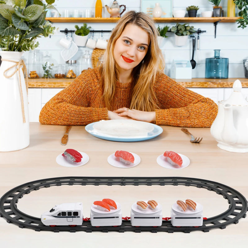 Electric Rotary Sushi Train Toy Track Role Playing Conveyor Set - Battery Operated