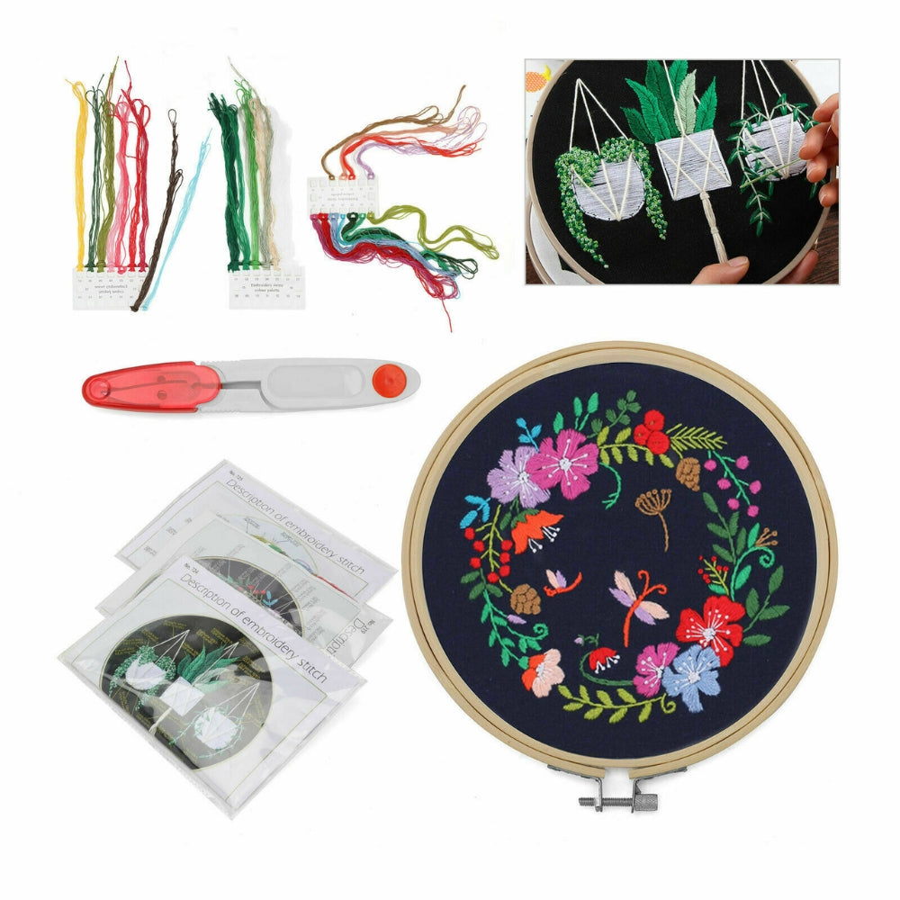 DIY Flowers Pattern Embroidery Kits Craft Beginner Needlepoint Hoop Cross Stitch