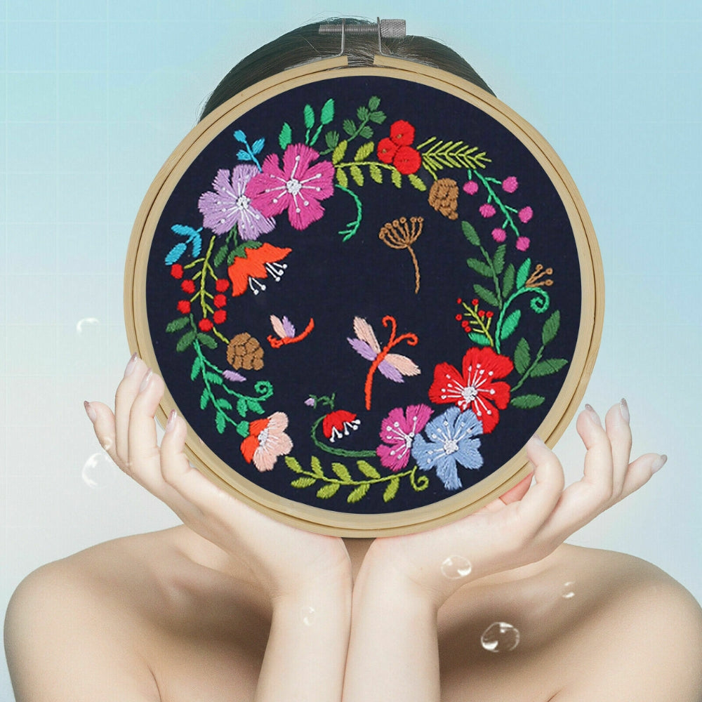 DIY Flowers Pattern Embroidery Kits Craft Beginner Needlepoint Hoop Cross Stitch