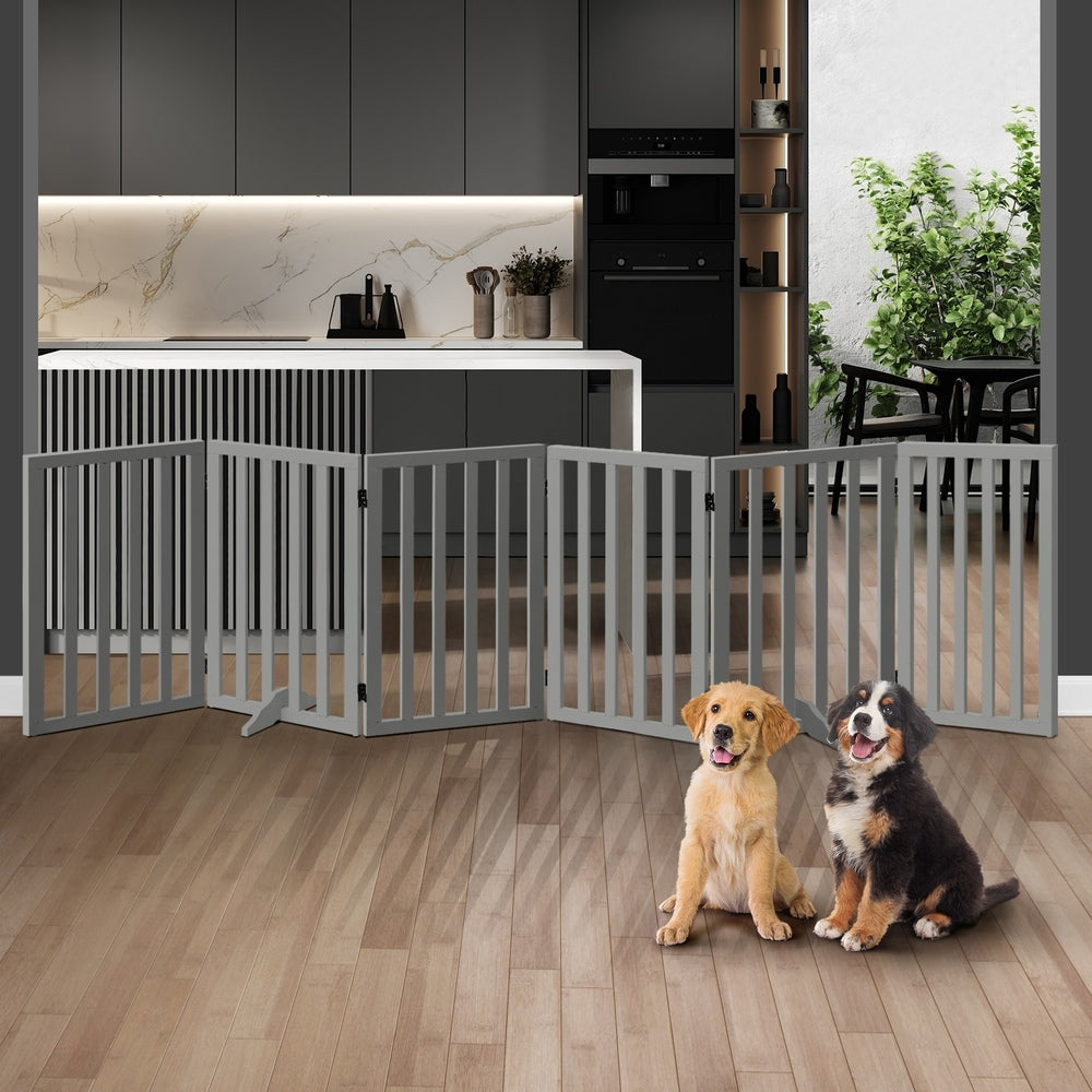 Grey Wooden Pet Gate Dog Fence with 6 Panels 80cm