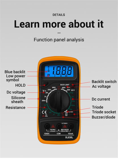 Handheld Digital Multimeter LCD Backlight Portable AC/DC Ammeter Voltmeter