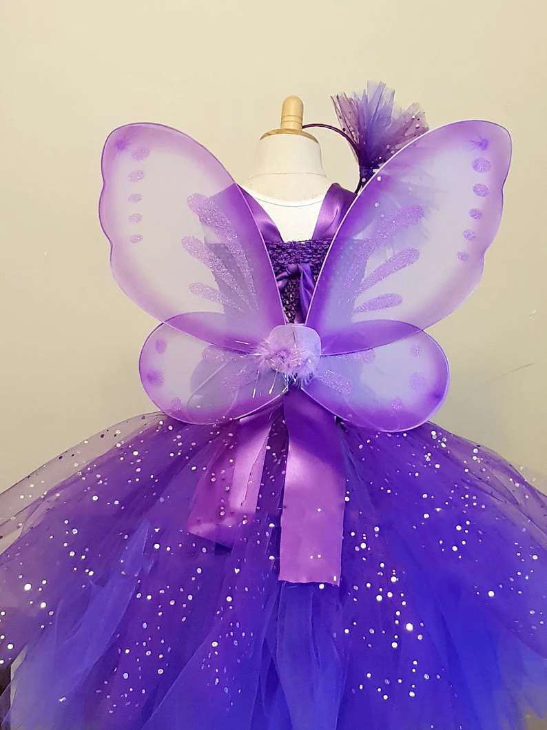 Purple Tulle Dress Girls Butterfly Dress Flower Fairy Tutu Dress Fairy Dress with Hairbow and Wing Kids Party Costume Dresses