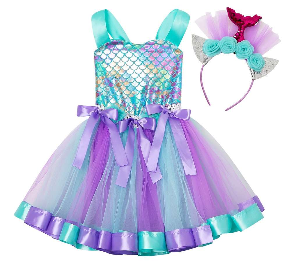 Mermaid Flower Dress with Hairband, Girls Tutu Dress, Mermaid Tutu Dress, Mermaid Dress, Mermaid Outfit, Mermaid costume