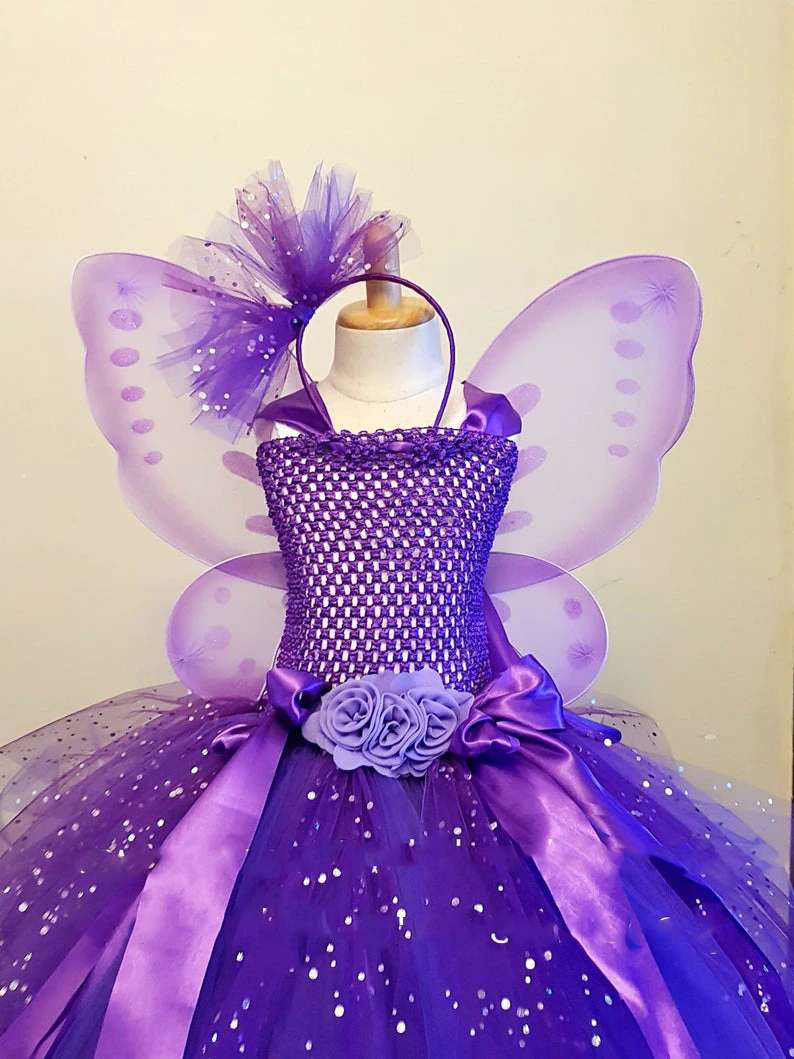 Purple Tulle Dress Girls Butterfly Dress Flower Fairy Tutu Dress Fairy Dress with Hairbow and Wing Kids Party Costume Dresses