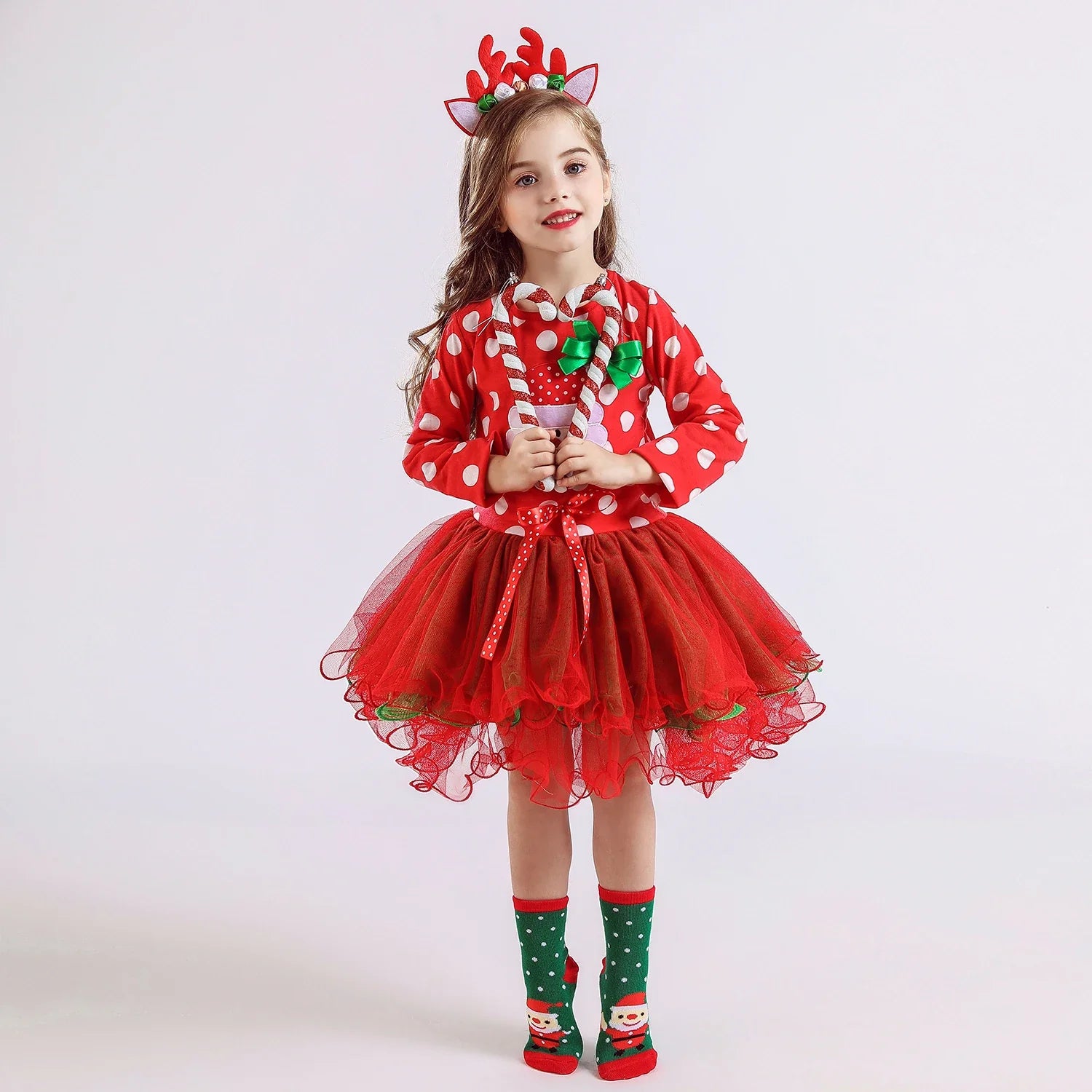 Girls Polka dot Christmas Dresses, Santa Claus Long Sleeve Winter Red Xmas Party Princess Dress Cute Kids Prom Gown