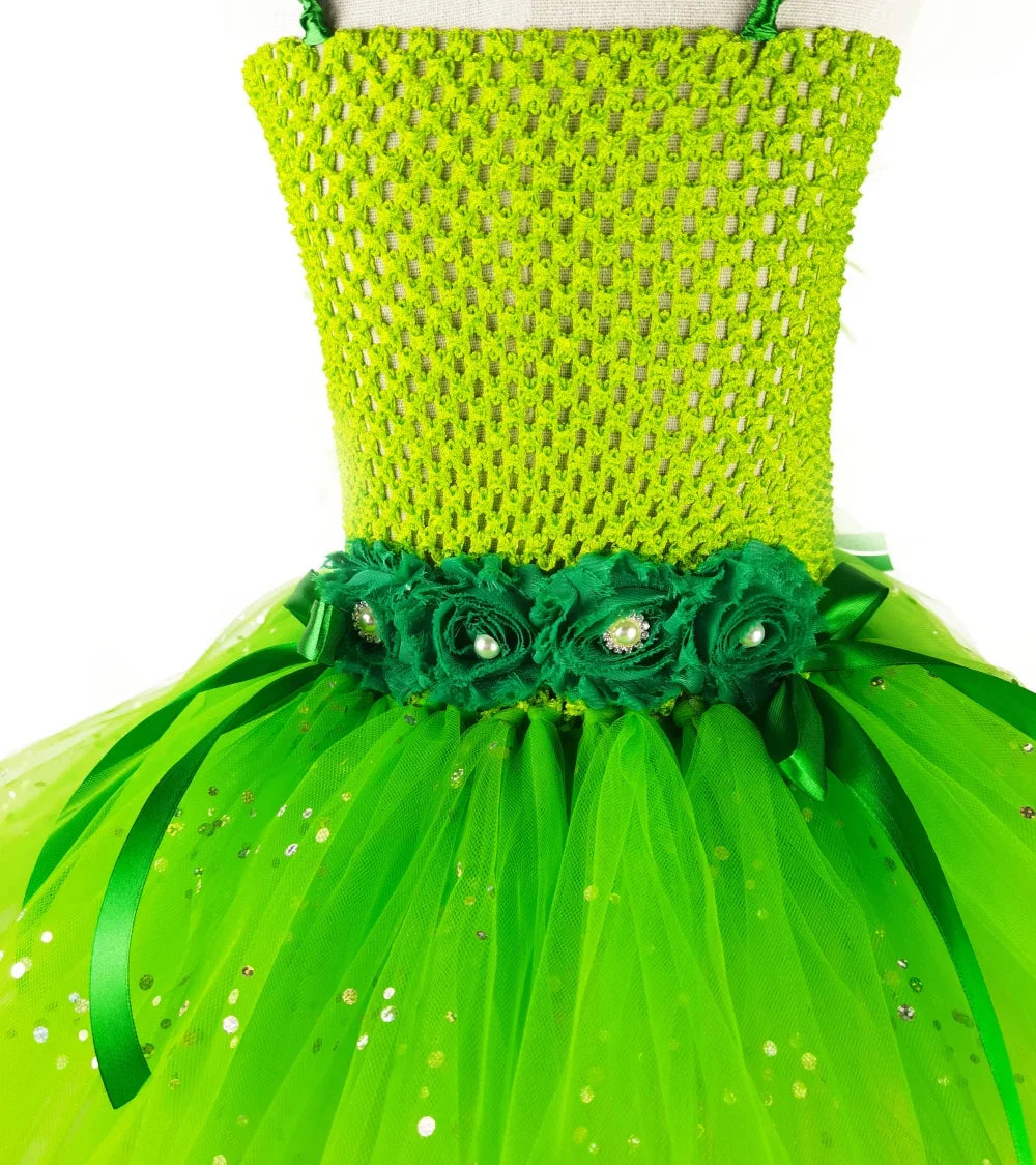 Fairy dress with wings, Sparkly Green Fairy Dress, Garden Fairy Dress, girls Dresses, girls Tutu Dress