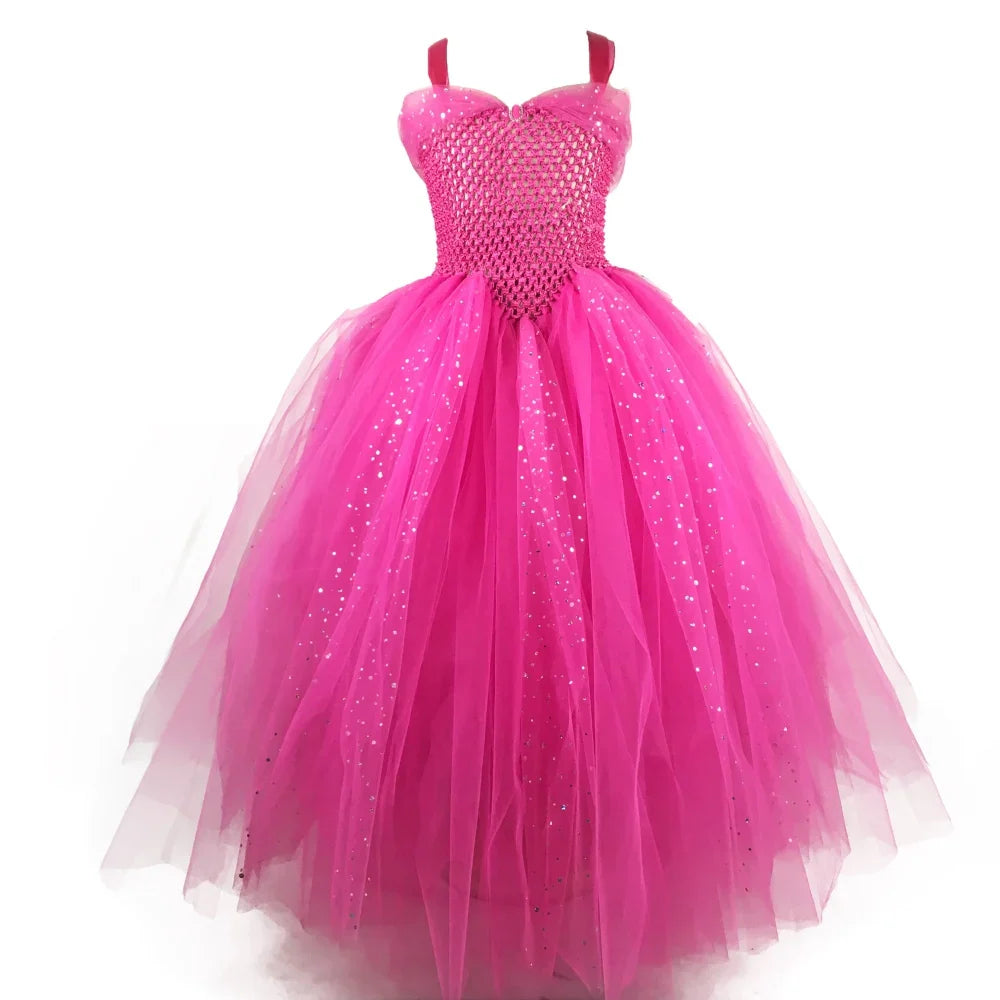 Girls Pink Glitter Tutu Dress Kids Crochet Sparkle Tulle Dress Long Ball Gown Children Birthday Party Princess Dress, Sparkle tutu Dress,Pink Princess Dress