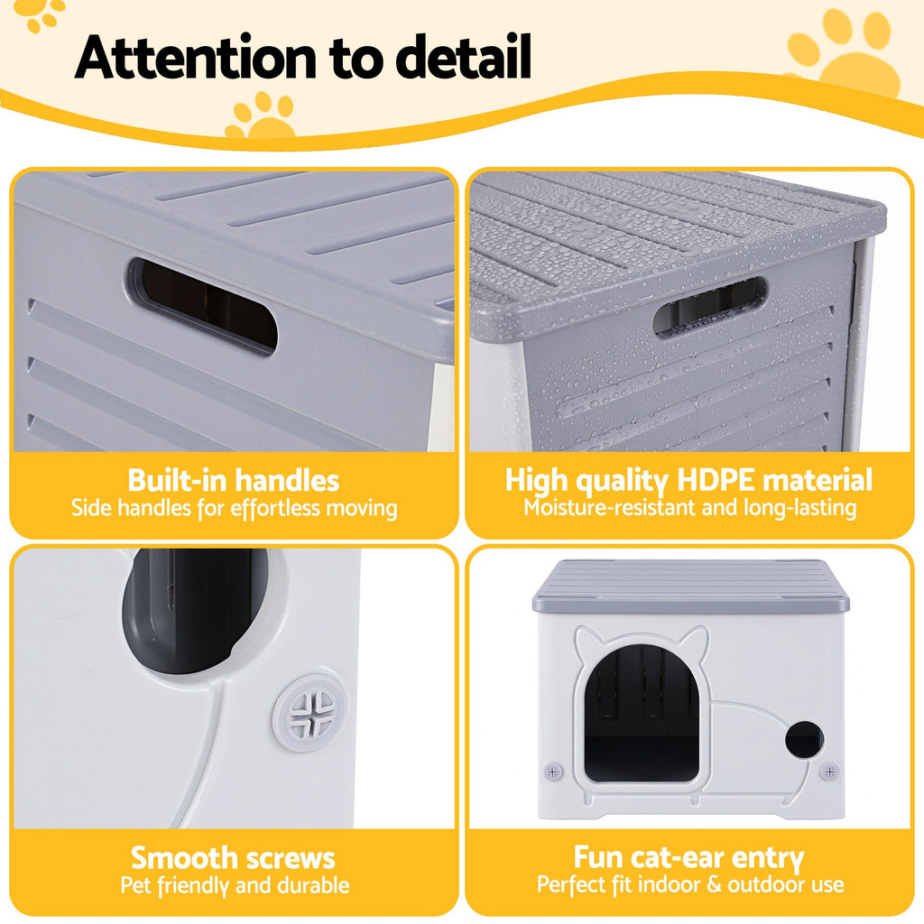 i.Pet Cat House Enclosed Shelter Plastic Nest Stackable Bench Box Outdoor Indoor Grey