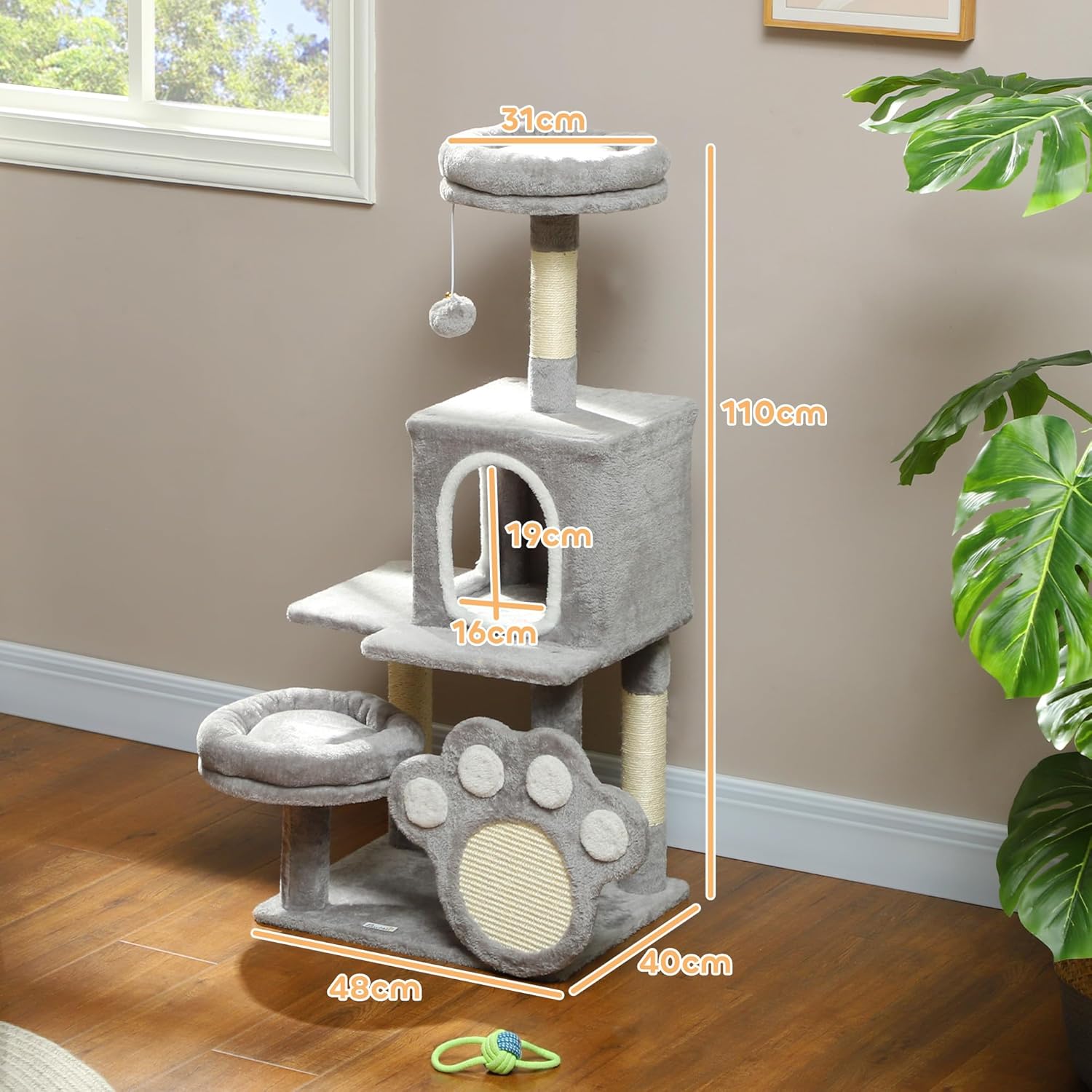 CARLA HOME Large Cat Tree Tower for Indoor Cats with Plush Perch, Cat Condo, Natural Sisal Scratching Posts, Hanging Ball & Paw Scratcher