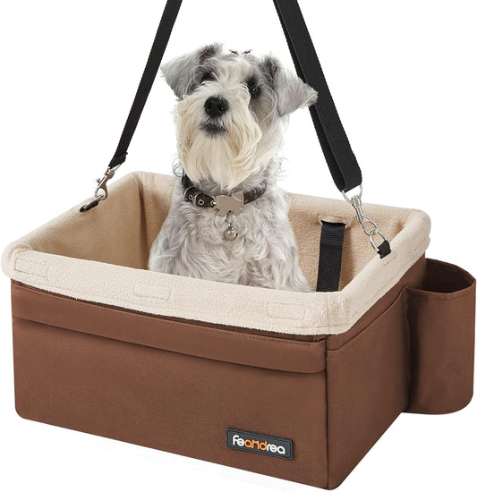 Feandrea Dog Car Seat Adjustable Straps Washable Liner 4 Pockets Brown and Beige