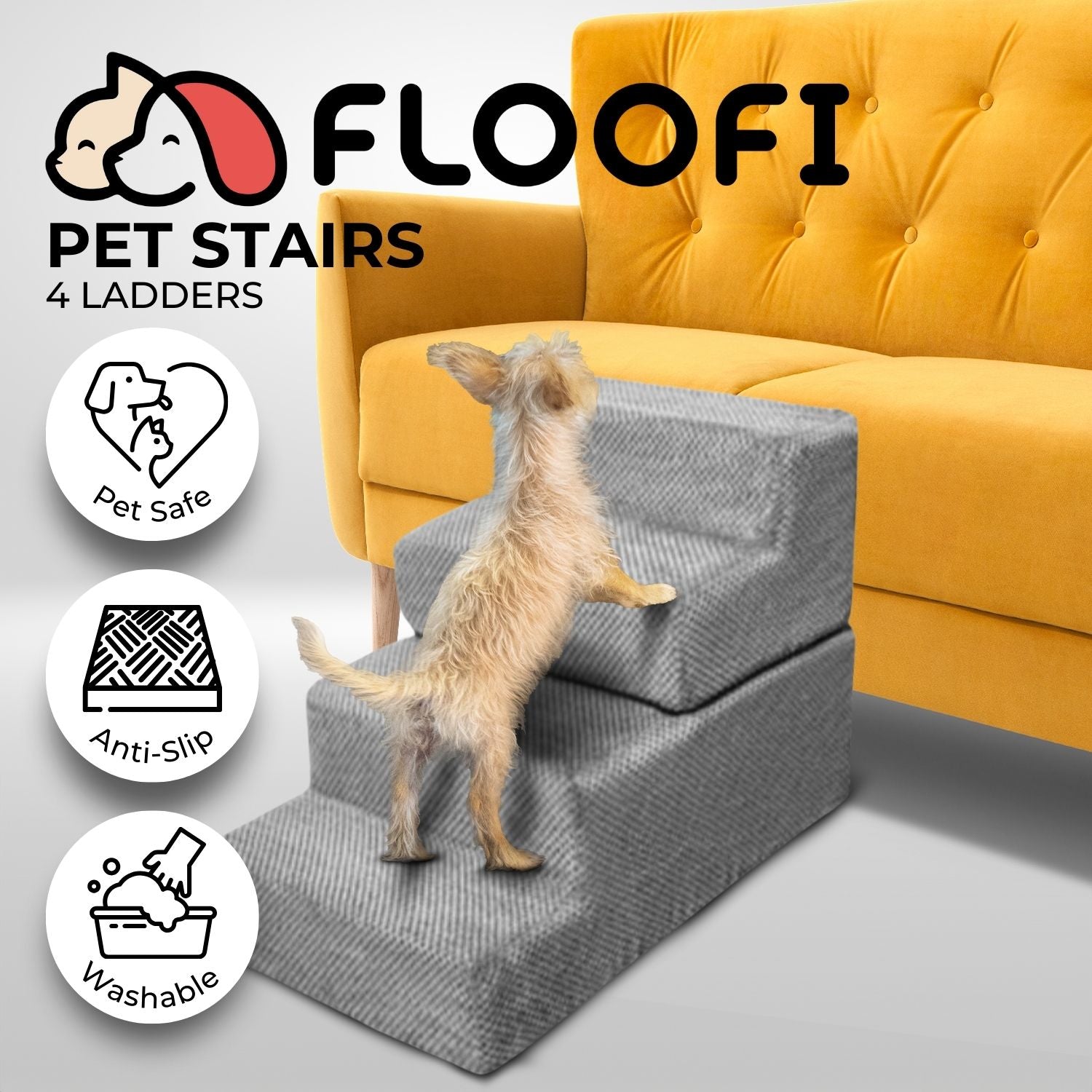 FLOOFI 4-Step Detachable Memory Foam Pet Stairs with Removable Washable Cover (Grey) FI-RS-101-CM