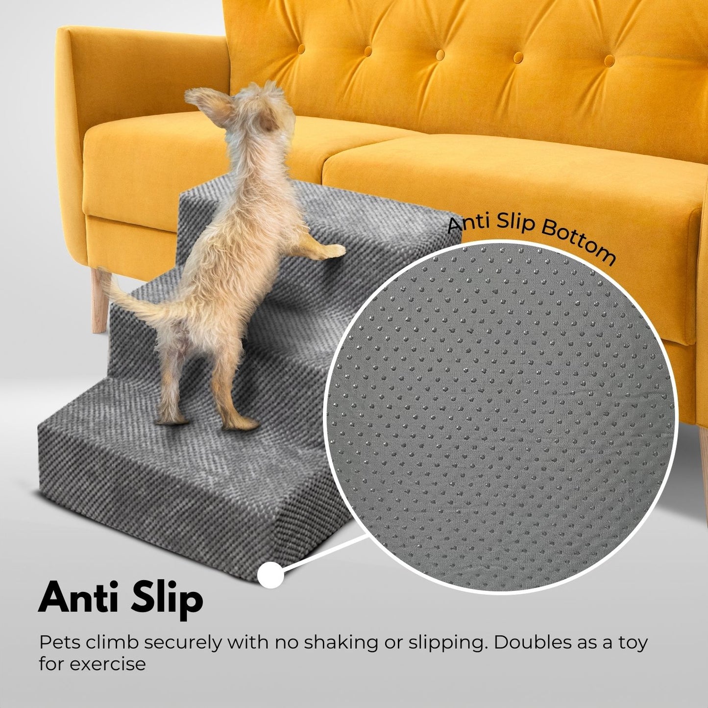 FLOOFI 3-Step Detachable Memory Foam Pet Stairs with Removable Washable Cover (Grey) FI-RS-102-CM