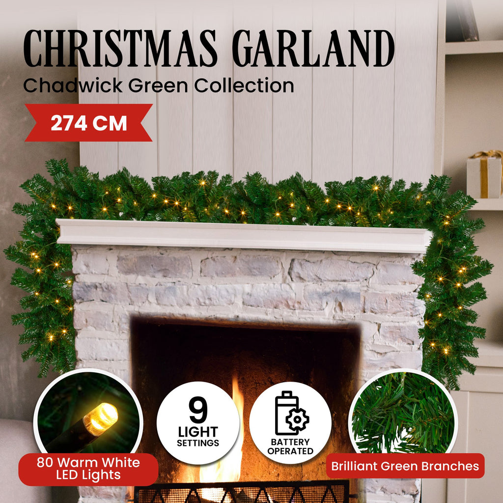 Christabelle 274cm Chadwick Green Pre-Lit Christmas Garland