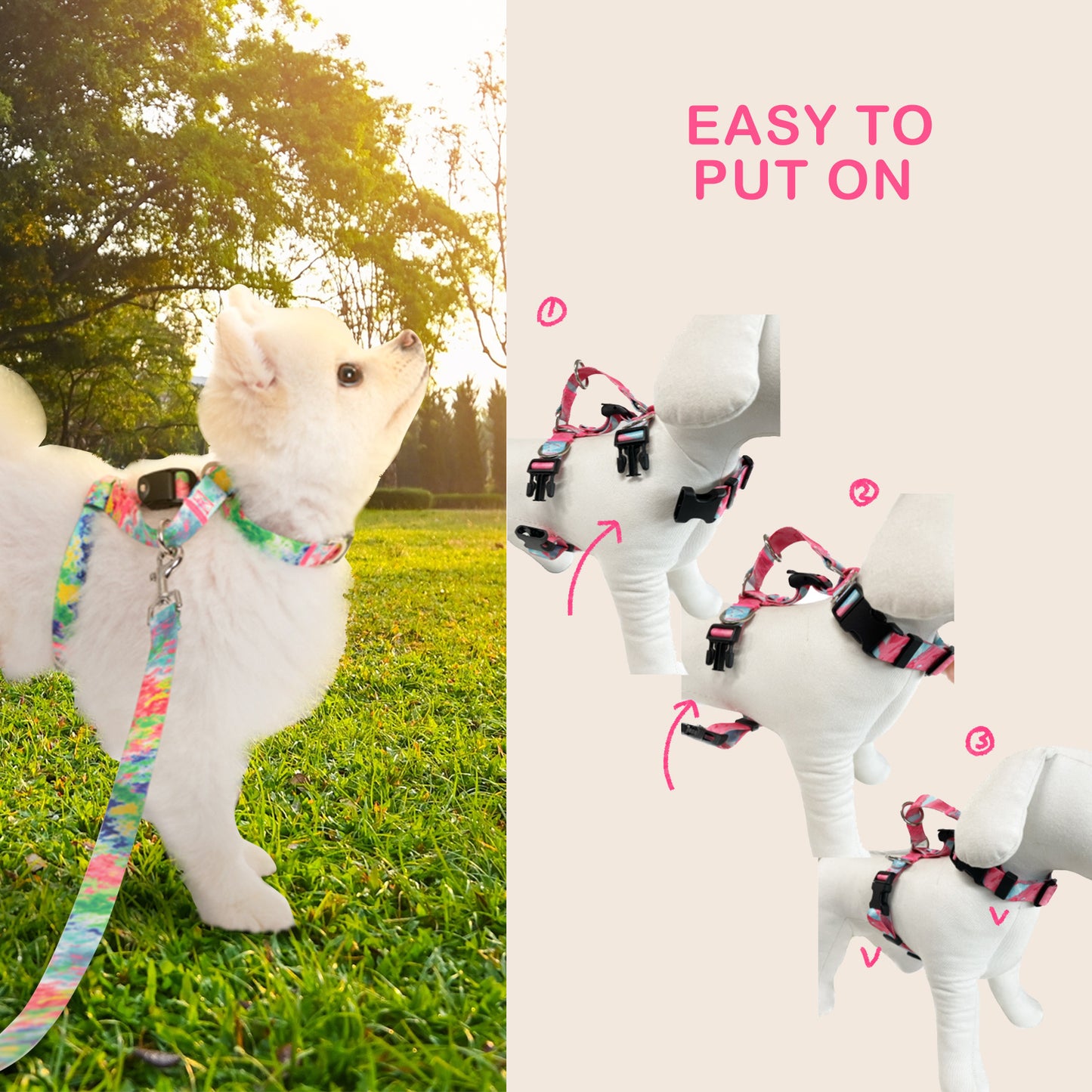 Dog Double-Lined Straps Harness and Lead Set Leash Adjustable M MARBLE PINK