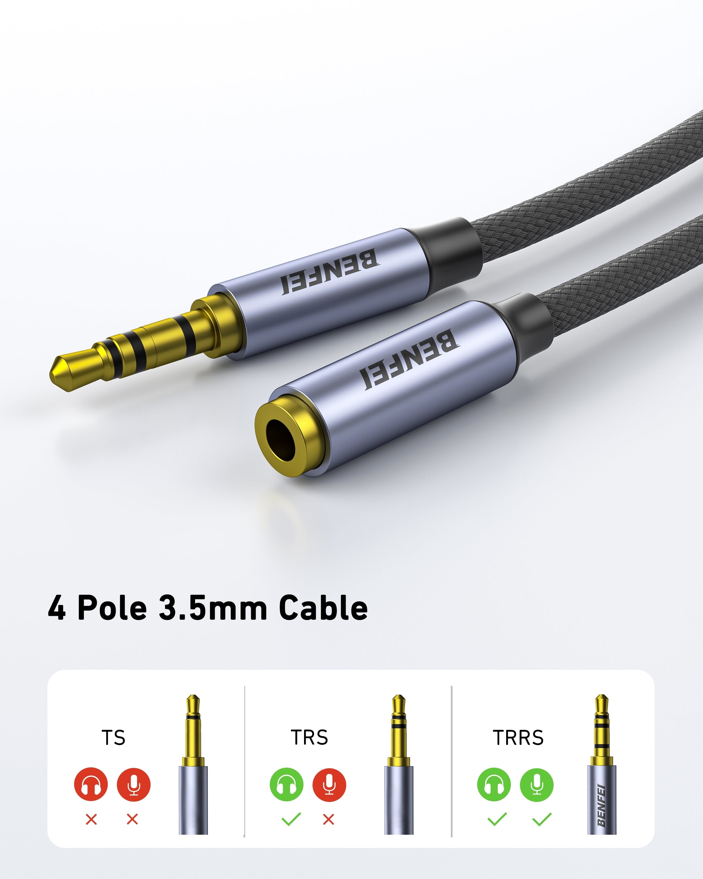 BENFEI 421GY 2M 3.5mm Male to Female AUX Extension Cable, TRRS 4-Pole Stereo Audio Jack Cord for Headphones, Microphone, Smartphones, PC, Laptop, Speakers
