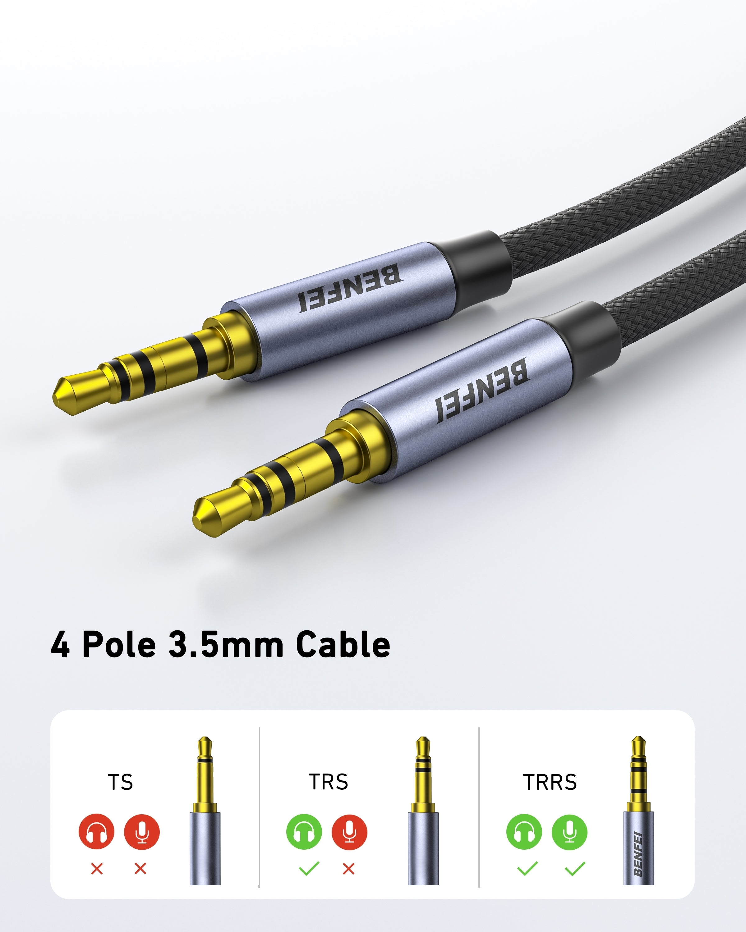 BENFEI 427GY 10M 3.5mm TRRS Male to Male Audio Cable, 4-Pole Stereo Mic Aux Cable, Nylon Braided Headphone Jack Cord
