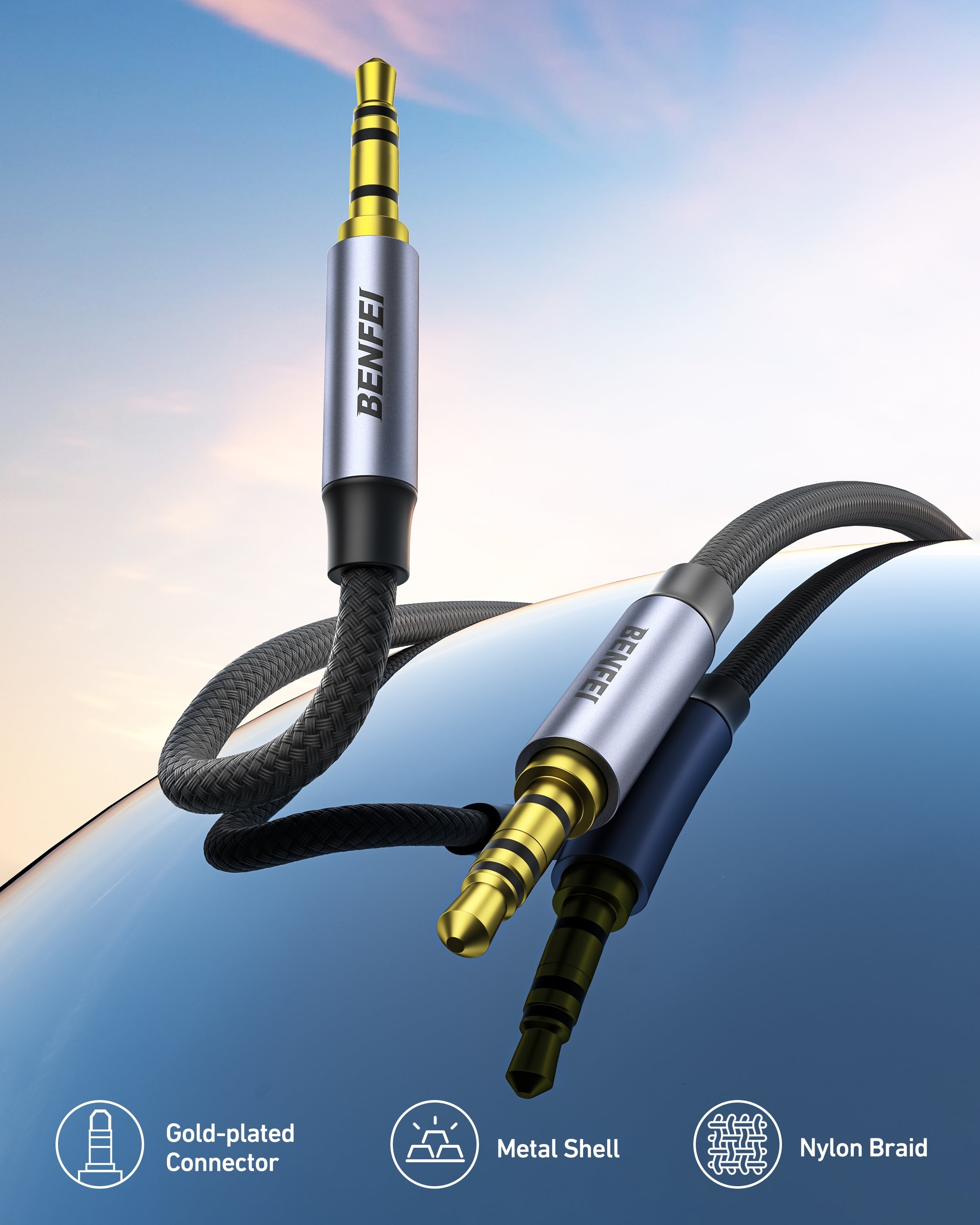 BENFEI 427GY 3M 3.5mm TRRS Male to Male Audio Cable, 4-Pole Stereo Mic Aux Cable, Nylon Braided Headphone Jack Cord