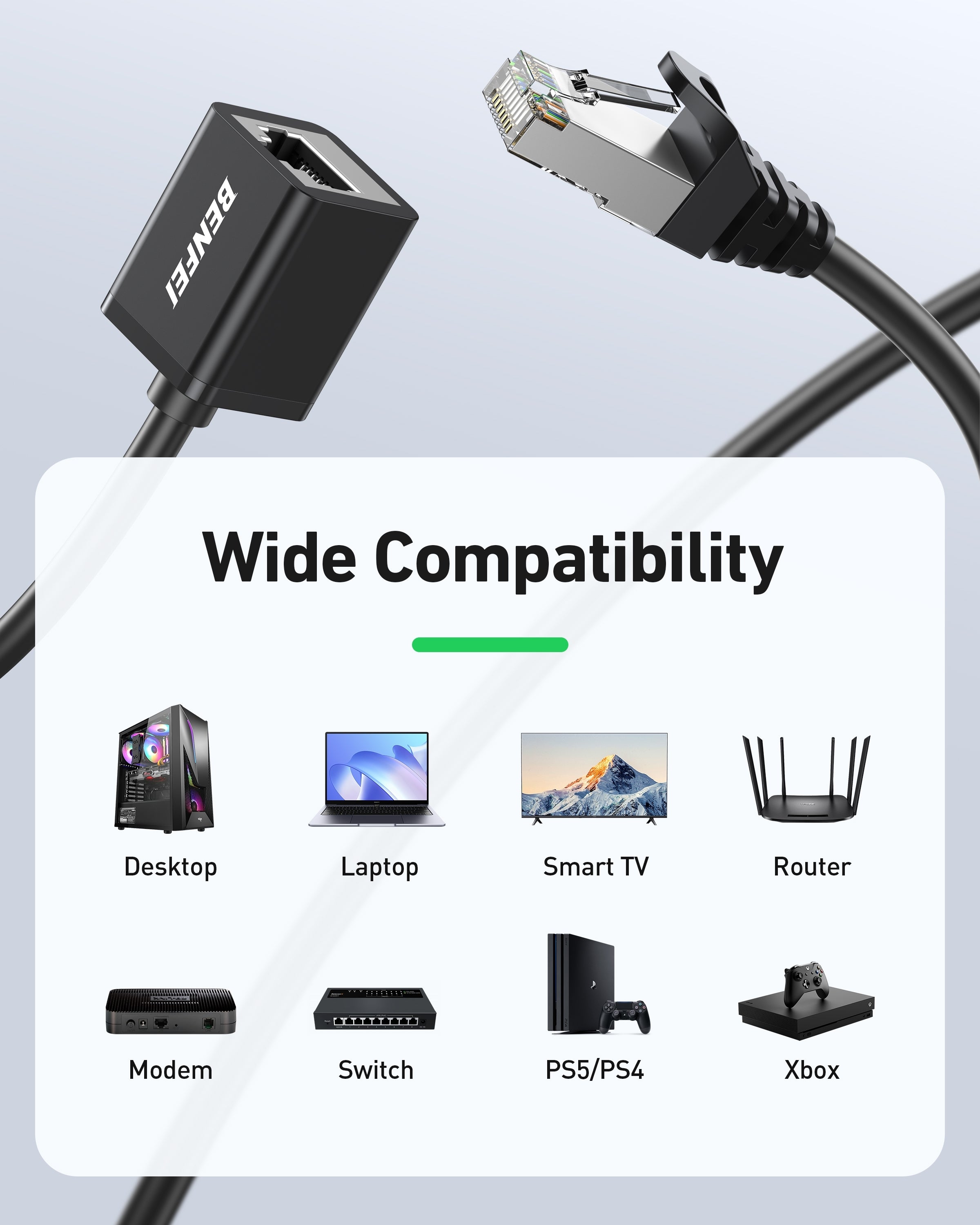 BENFEI 435BK-3M RJ45 Extension Male/Female Patch cords Cat6 1000Mbps 3M