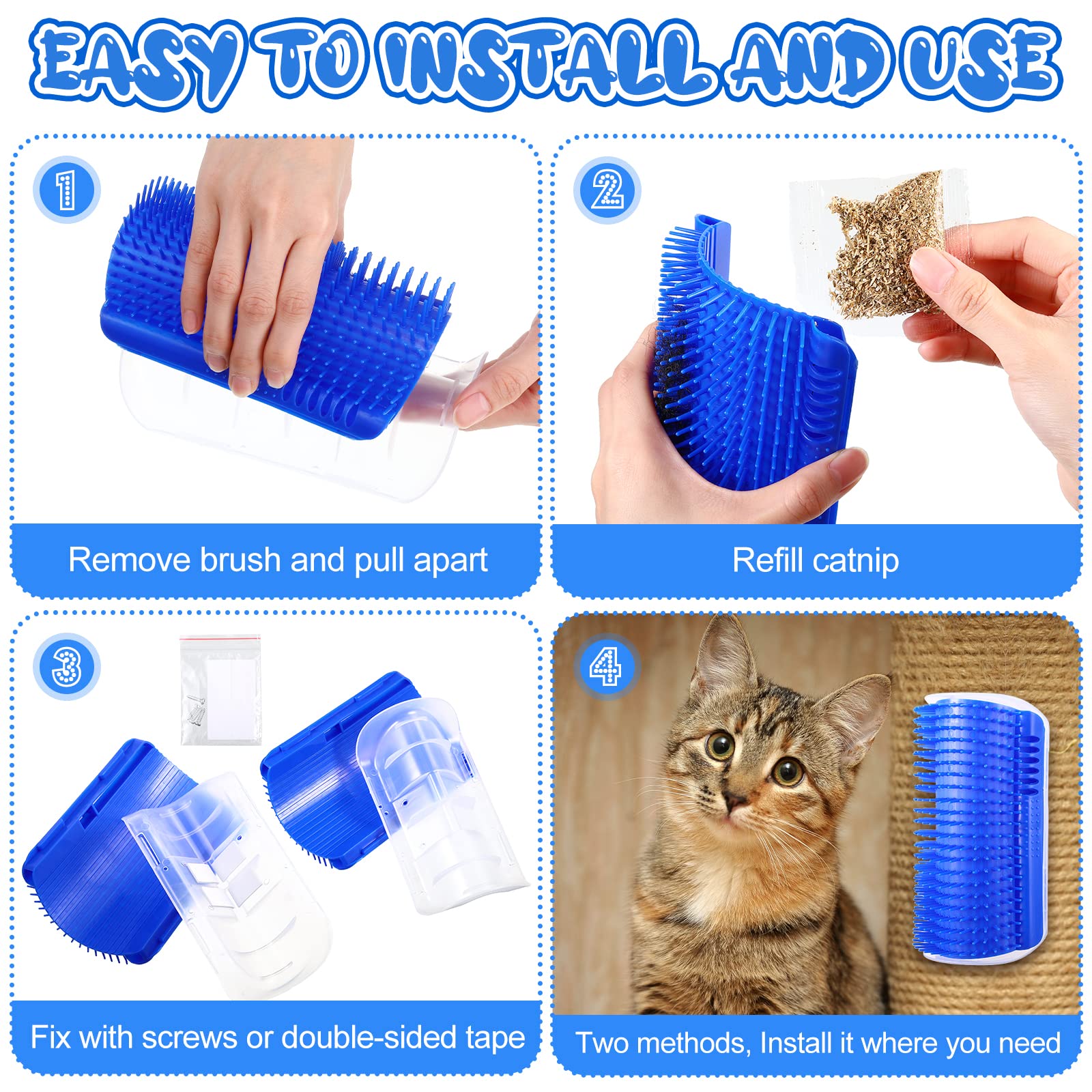 Cat Self Groomer Catnip Dog Cat Toy Corner Groomer Wall Corner Scratcher Comb Grooming Massage Brush Blue