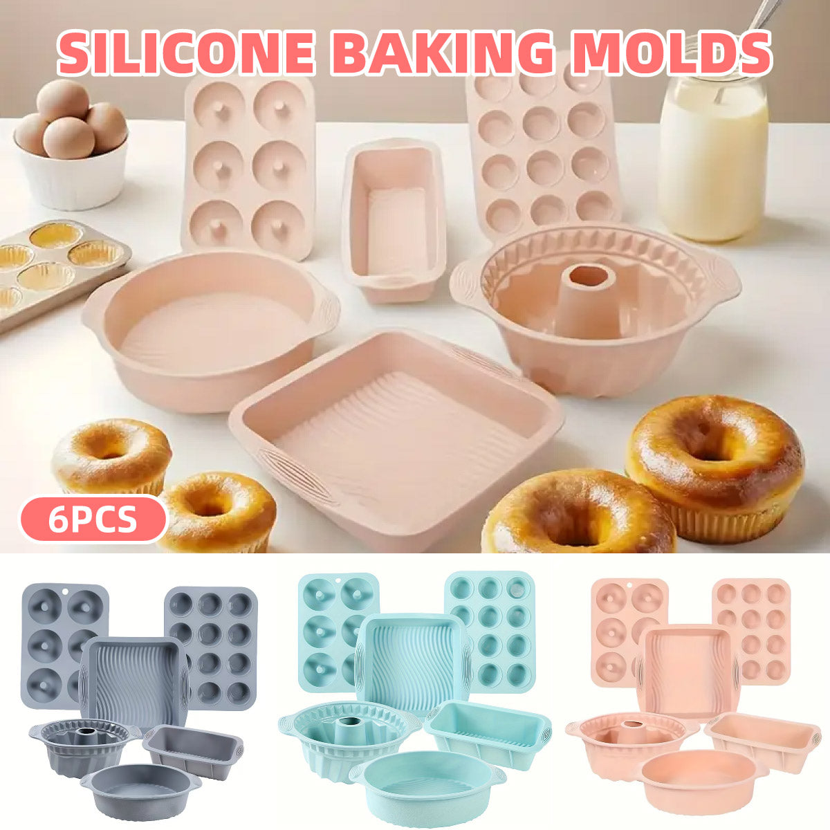 6PCS Silicone Cake Mould Set Baking Pans Nonstick Cupcake Cookie Tools Reusable - Green